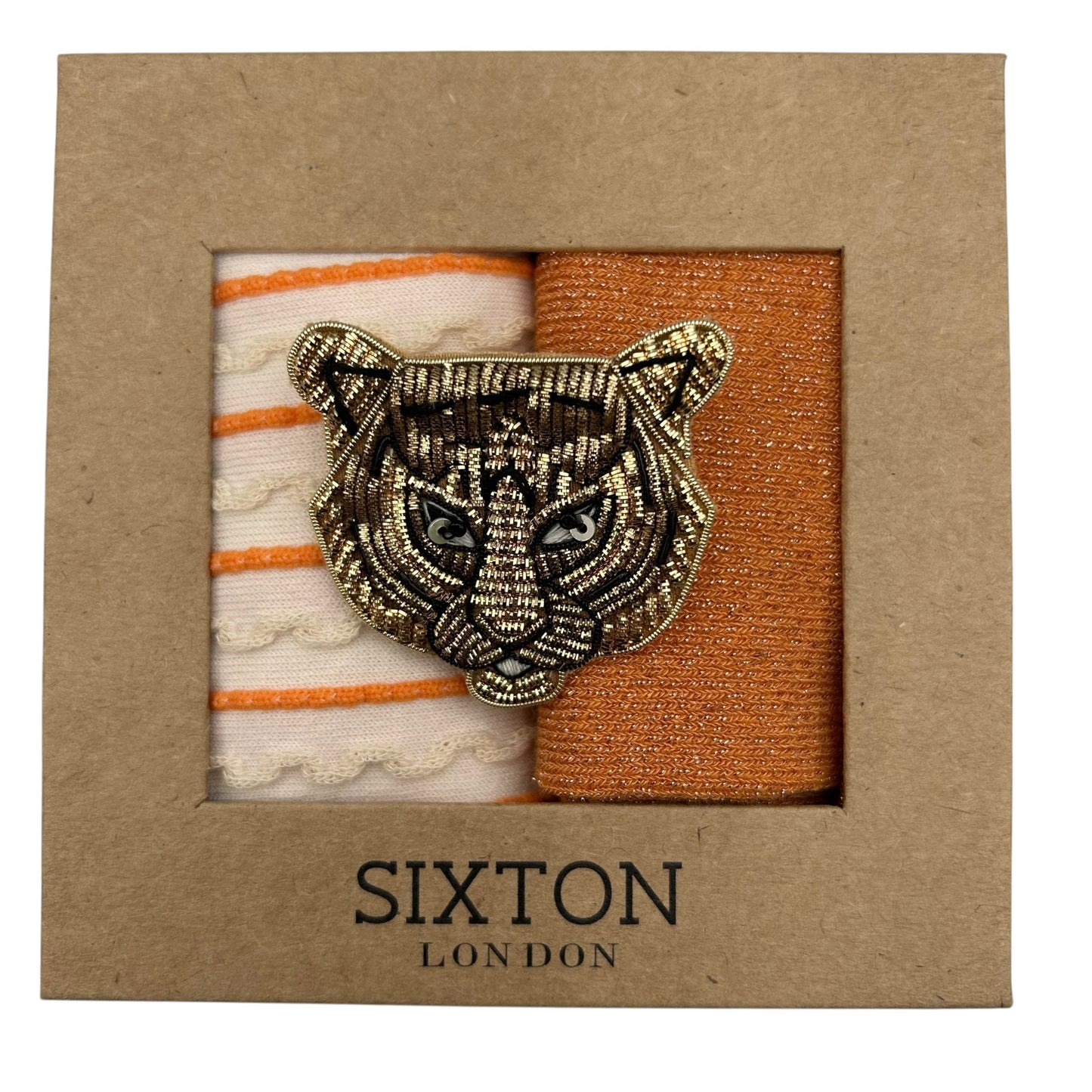 Cream Lyon & Orange Vegas sock box duo with embroidered brooch