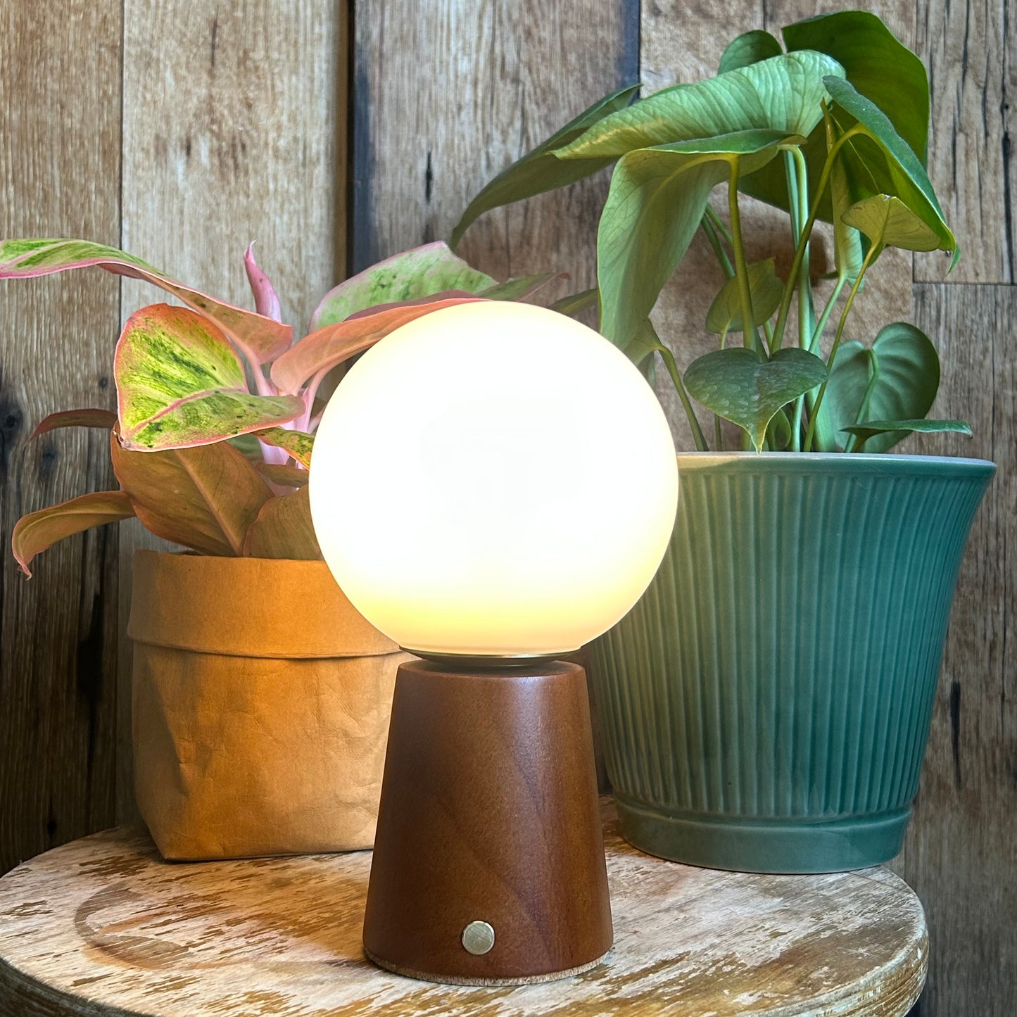 Small Deco Cone Teak style rechargeable touch lamp