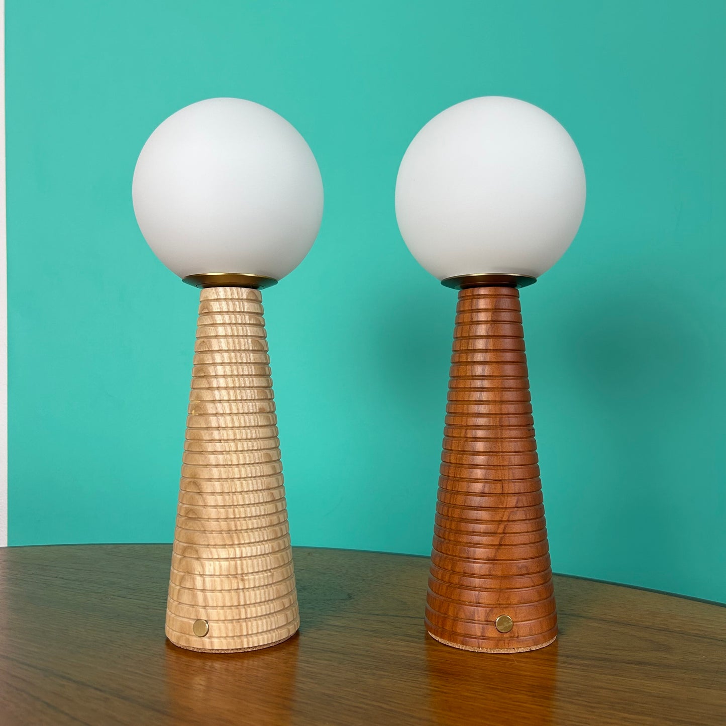 Large Deco Cone Ribbed Teak style rechargeable touch lamp