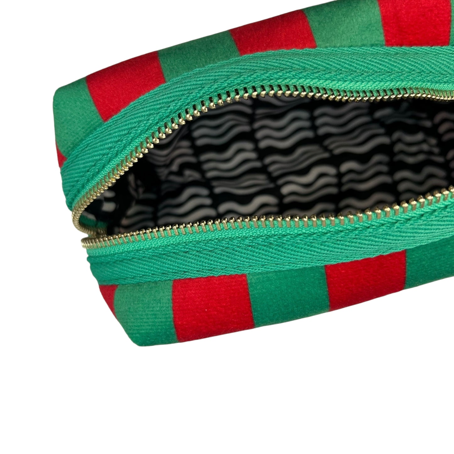Large green stripe makeup bag with Bow brooch