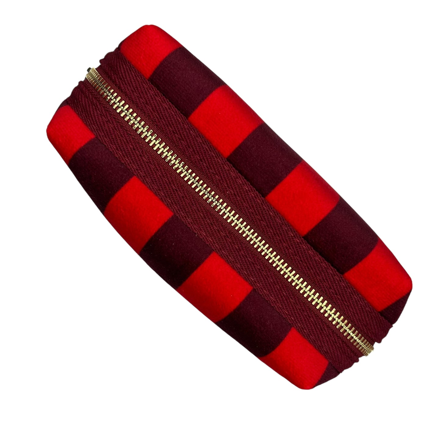 Red stripe makeup bag with detachable brooch
