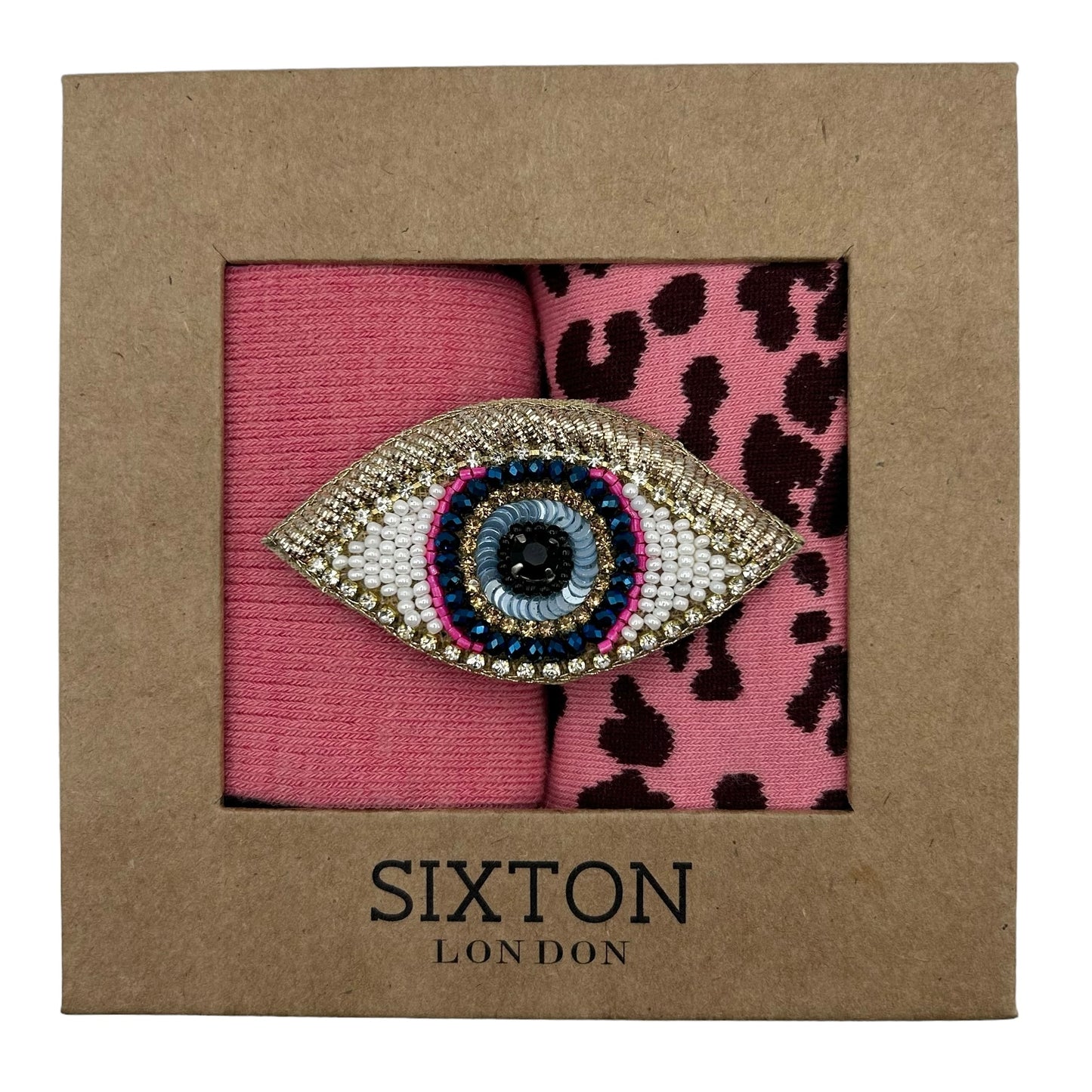 Pink Barcelona & Leopard sock box duo with pin