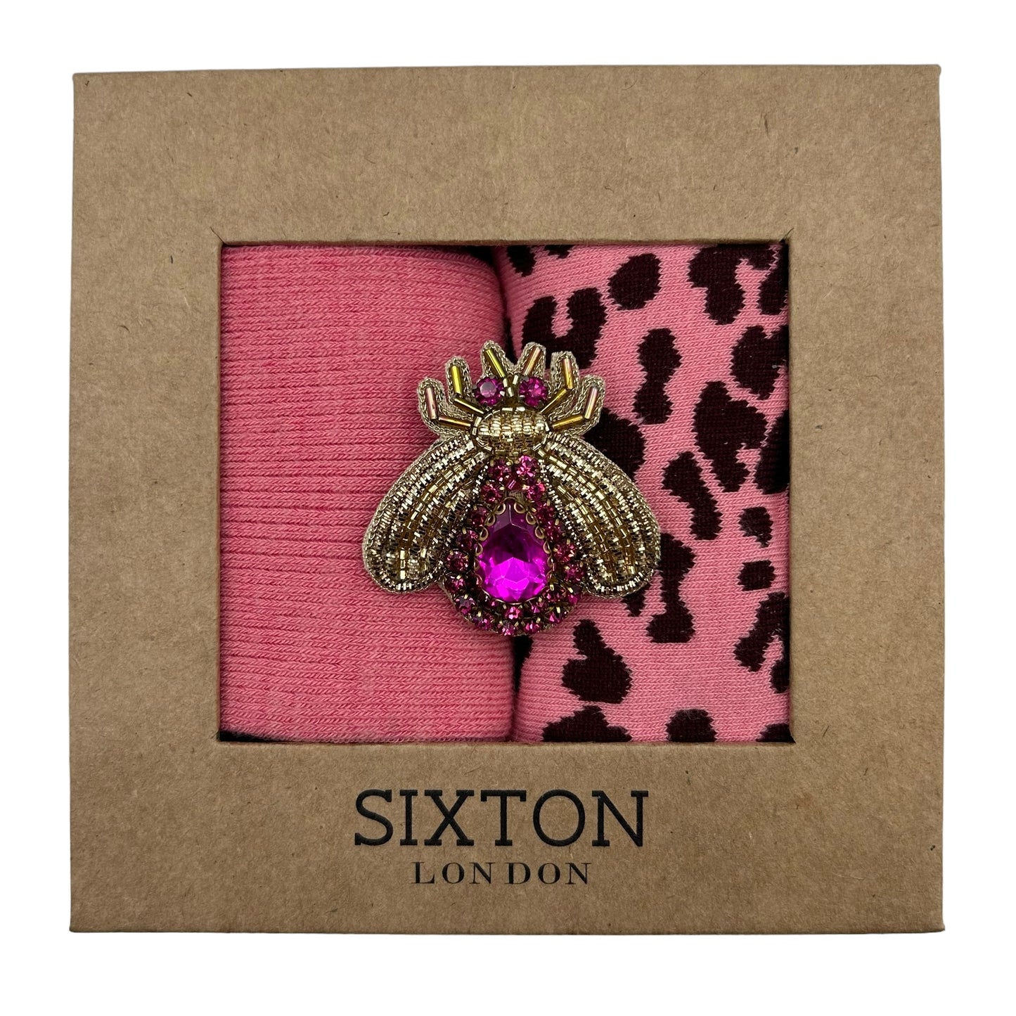 Pink Barcelona & Leopard sock box duo with pin