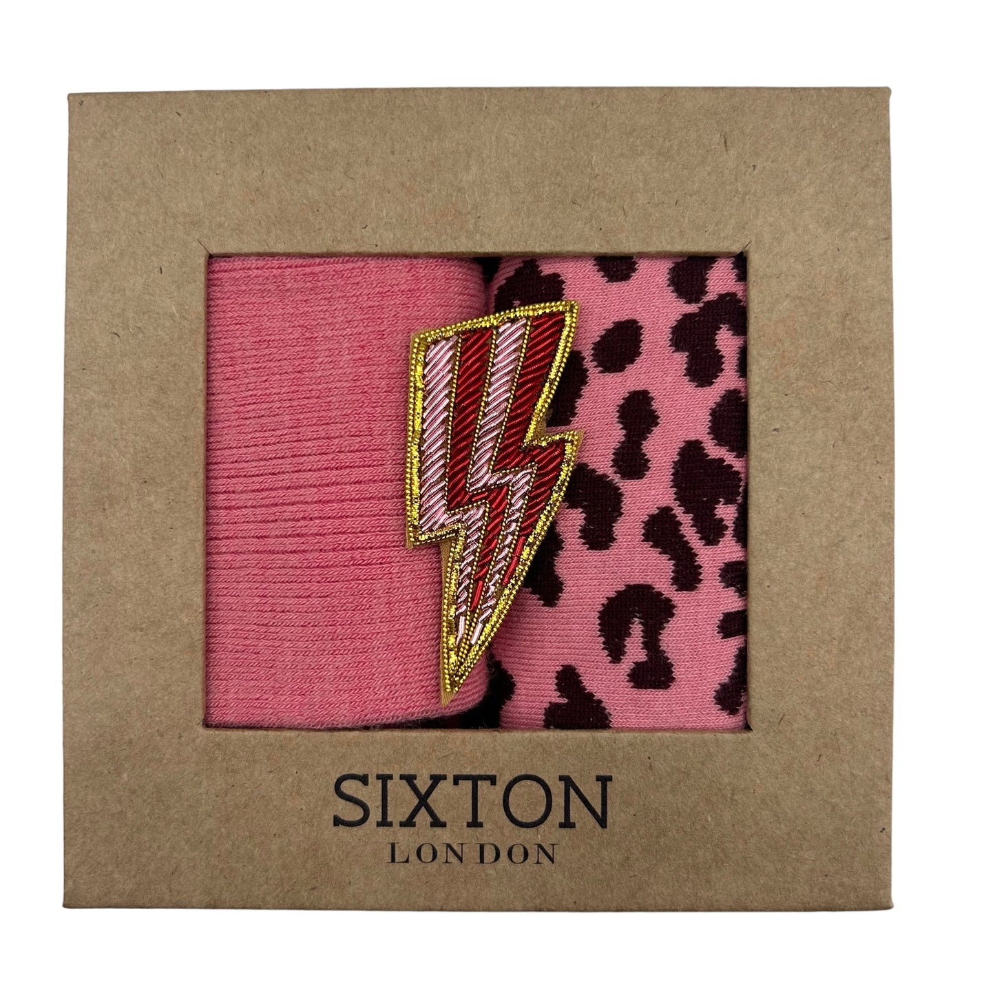 Pink Barcelona & Leopard sock box duo with pin