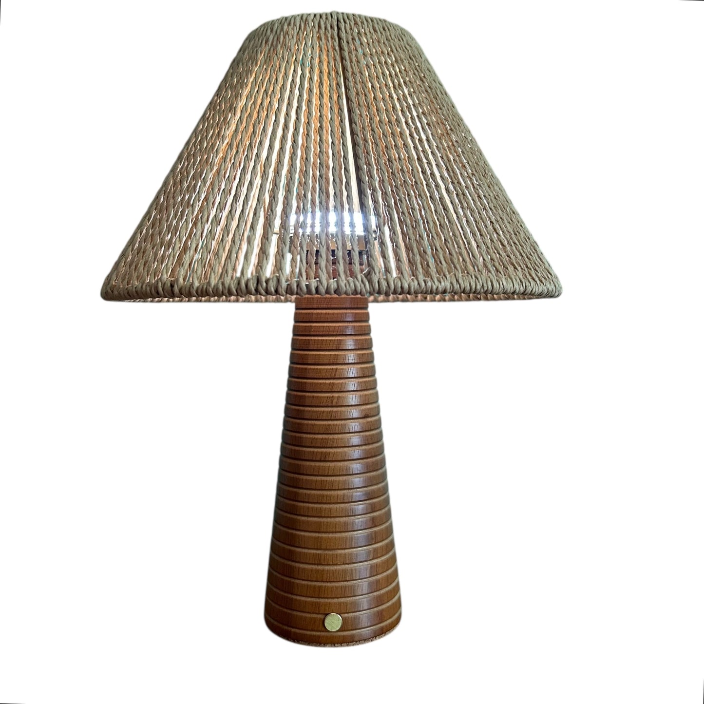 Ribbed Teak style rechargeable touch lamp with hessian shade