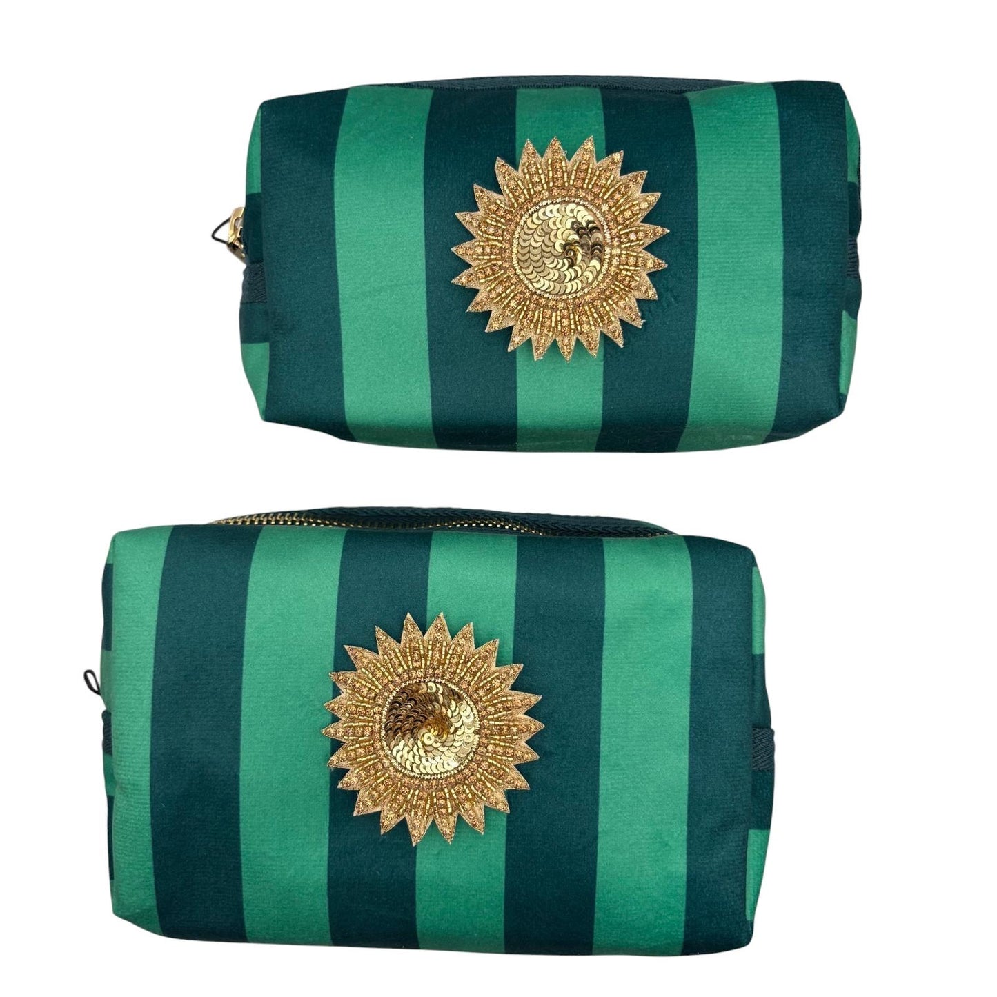 Small Teal stripe makeup bag with Sunshine brooch