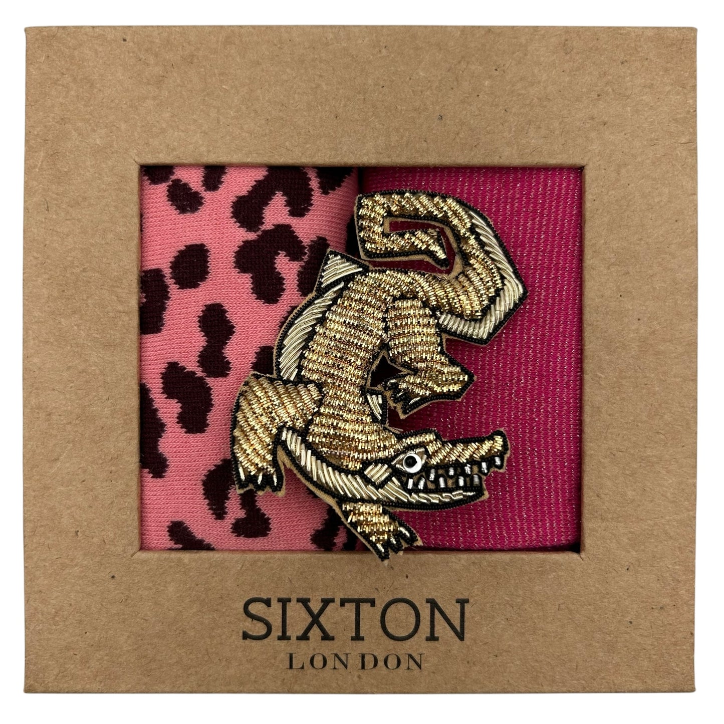 Pink Tokyo & Pink Leopard sock box duo with embroidered brooch