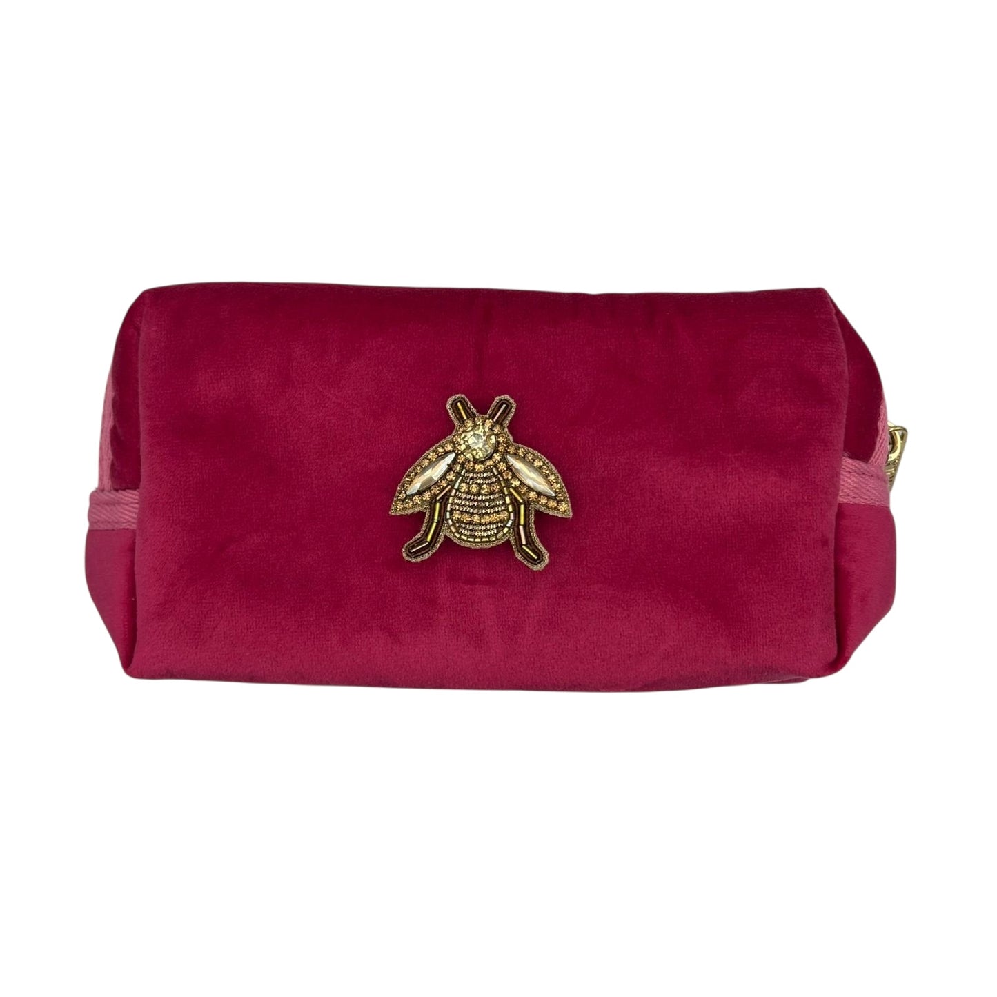 Bright pink makeup bag with Jewelled Insect brooch
