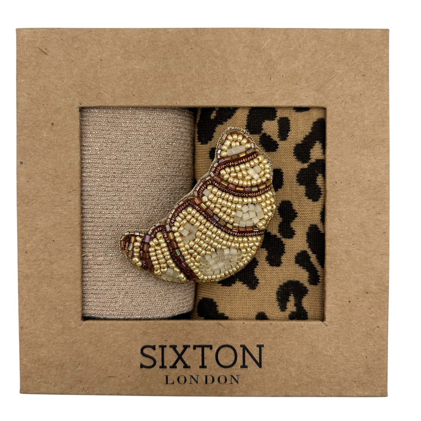 Champagne Vegas & Leopard sock box duo with embroidered brooch
