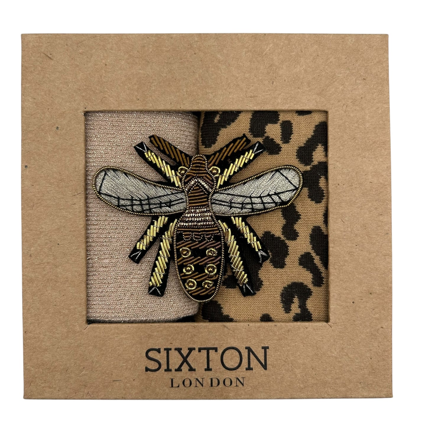 Champagne Vegas & Leopard sock box duo with embroidered brooch
