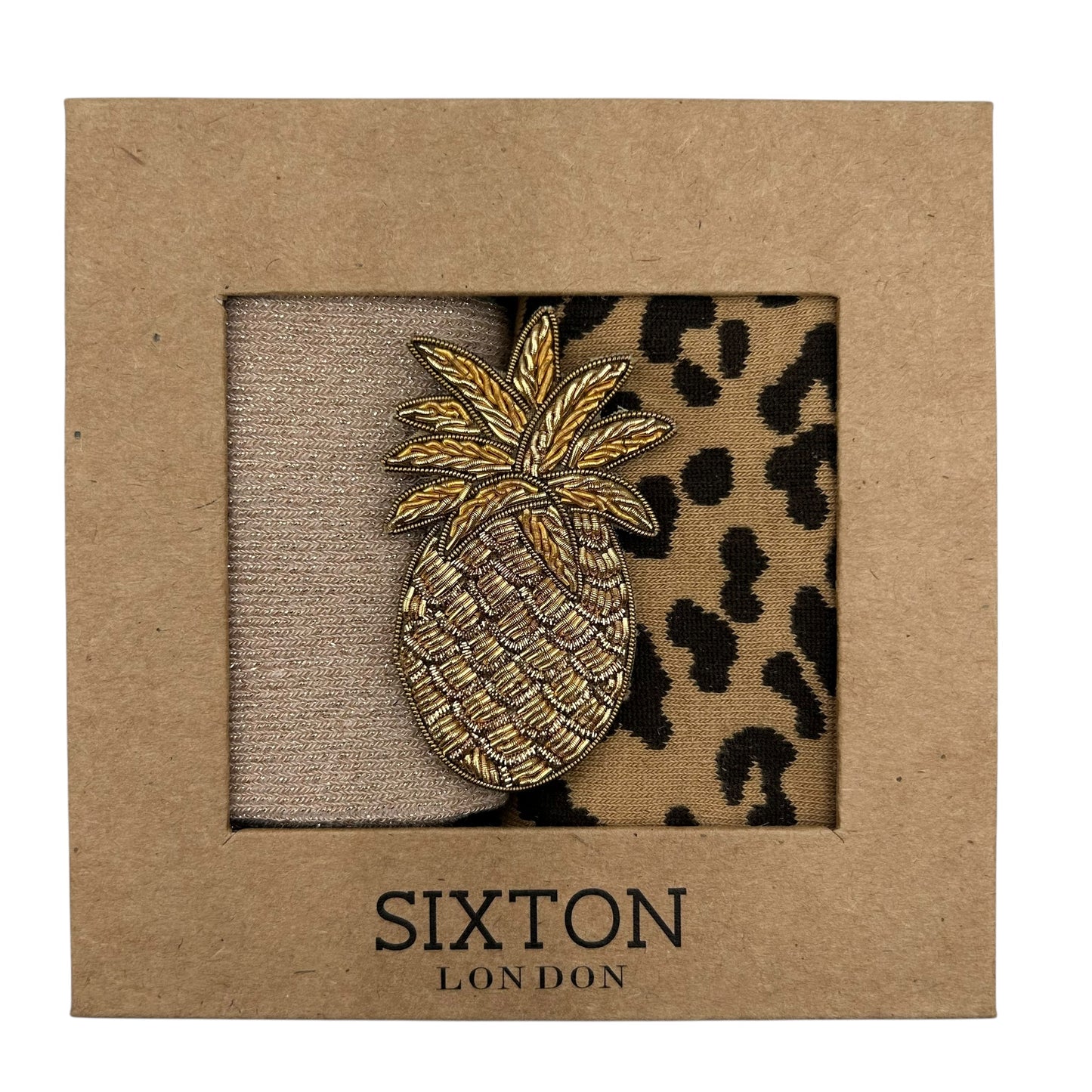 Champagne Vegas & Leopard sock box duo with embroidered brooch
