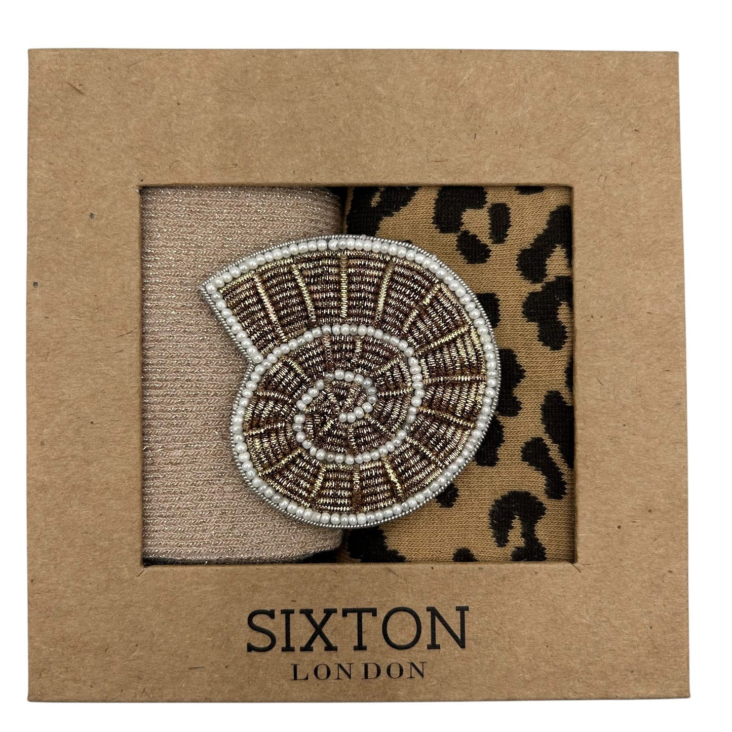Champagne Vegas & Leopard sock box duo with embroidered brooch
