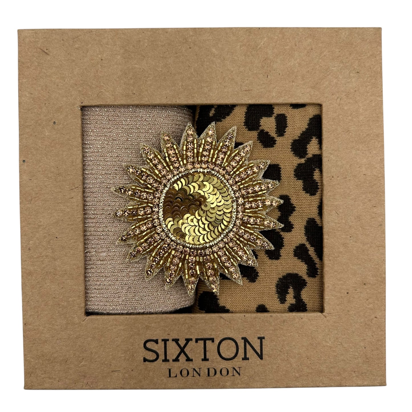 Champagne Vegas & Leopard sock box duo with embroidered brooch