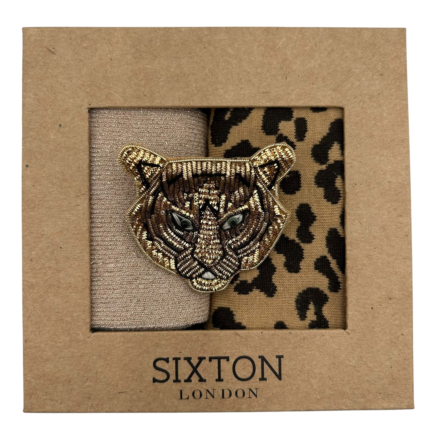 Champagne Vegas & Leopard sock box duo with embroidered brooch