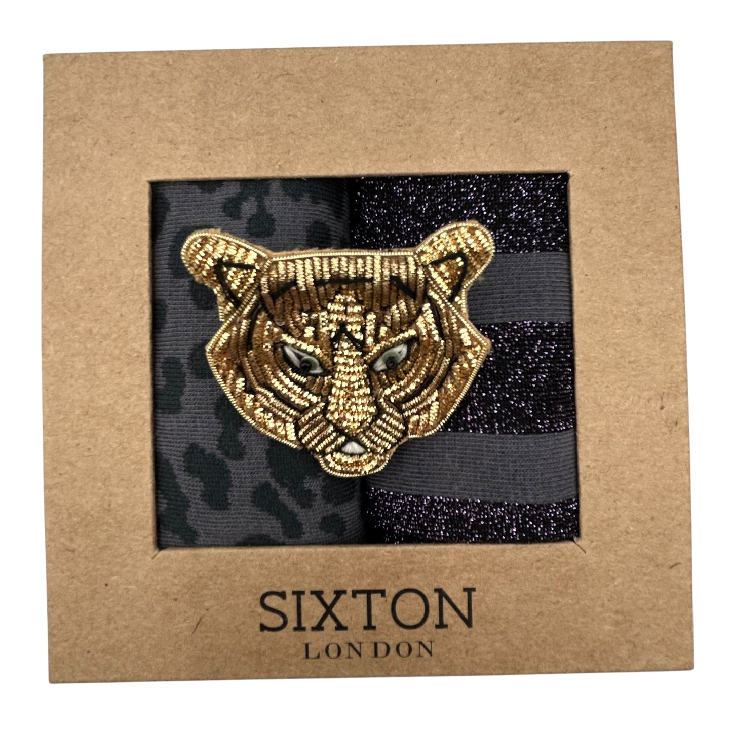 Charcoal Leopard & Purple Berlin sock box duo with pin