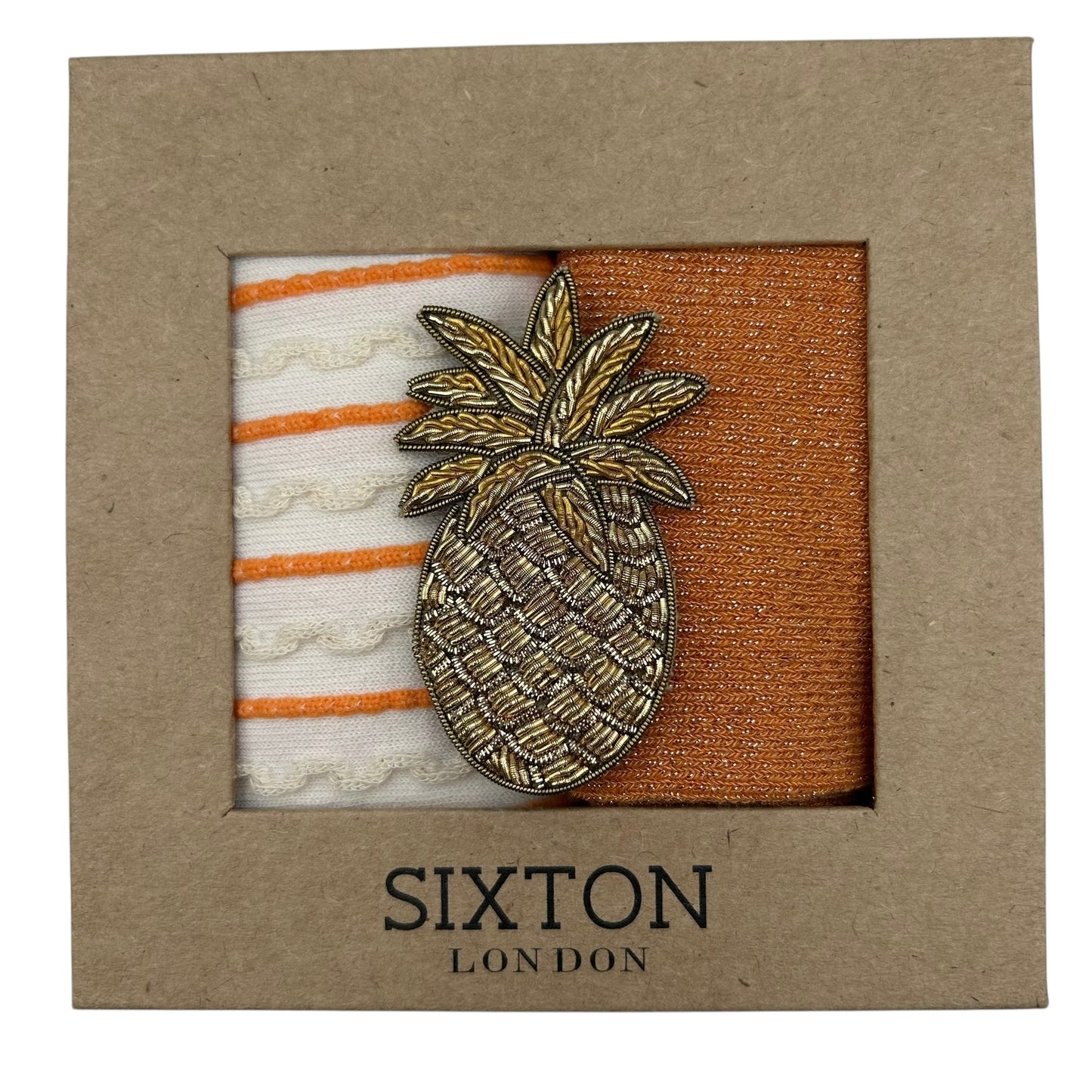 Cream Lyon & Orange Vegas sock box duo with embroidered brooch