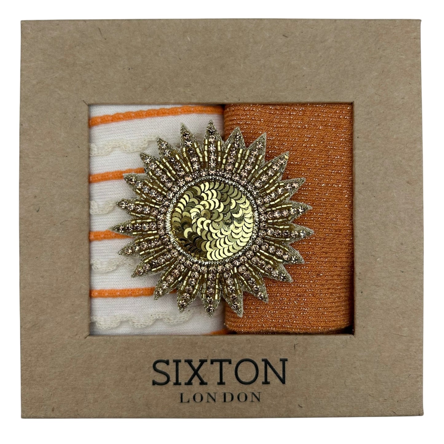 Cream Lyon & Orange Vegas sock box duo with embroidered brooch