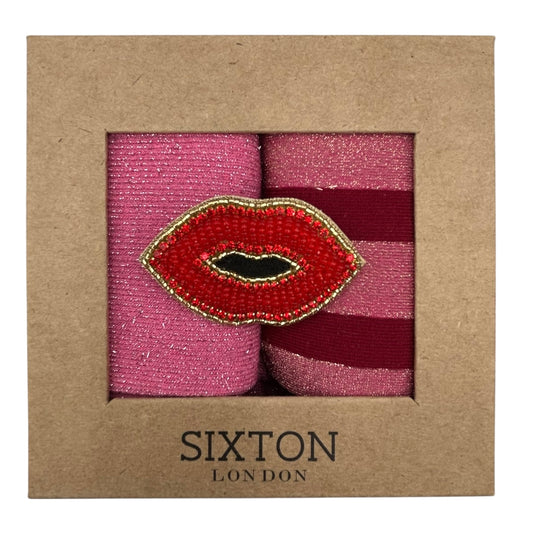 Dark Pink Vegas & Red Berlin sock box duo with embroidered brooch