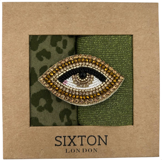 Ivy Leopard & Moss Vegas sock box duo with embroidered brooch