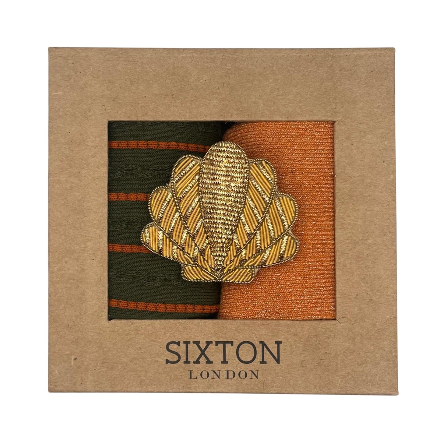 Ivy Lyon & Orange Vegas sock box duo with embroidered brooch