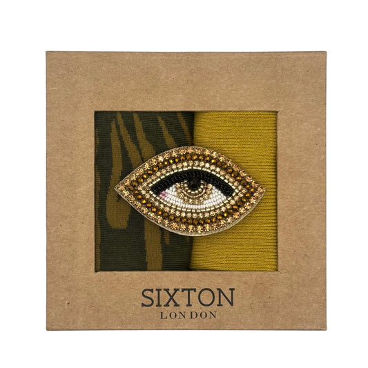 Ivy Savannah & Mustard Sienna sock box duo with embroidered brooch