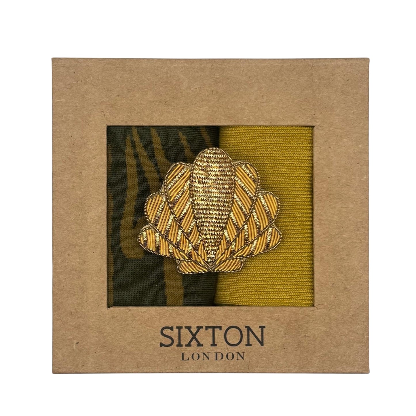 Ivy Savannah & Mustard Sienna sock box duo with embroidered brooch