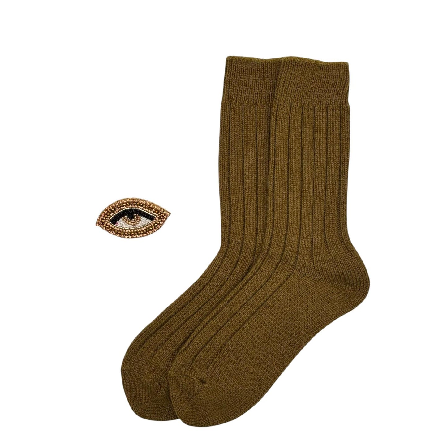 Sofia Khaki Cashmere-Blend Sock Gift Box with Brooch