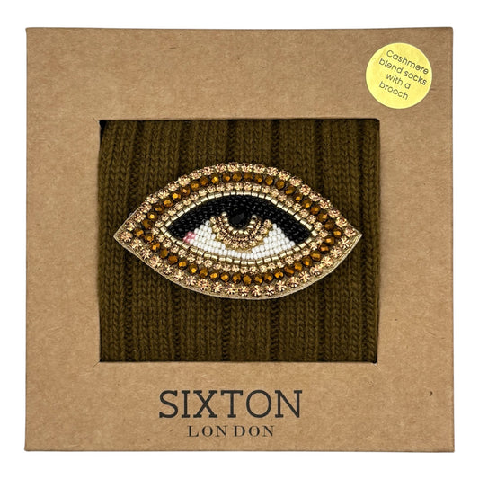 Sofia Khaki Cashmere-Blend Sock Gift Box with Brooch