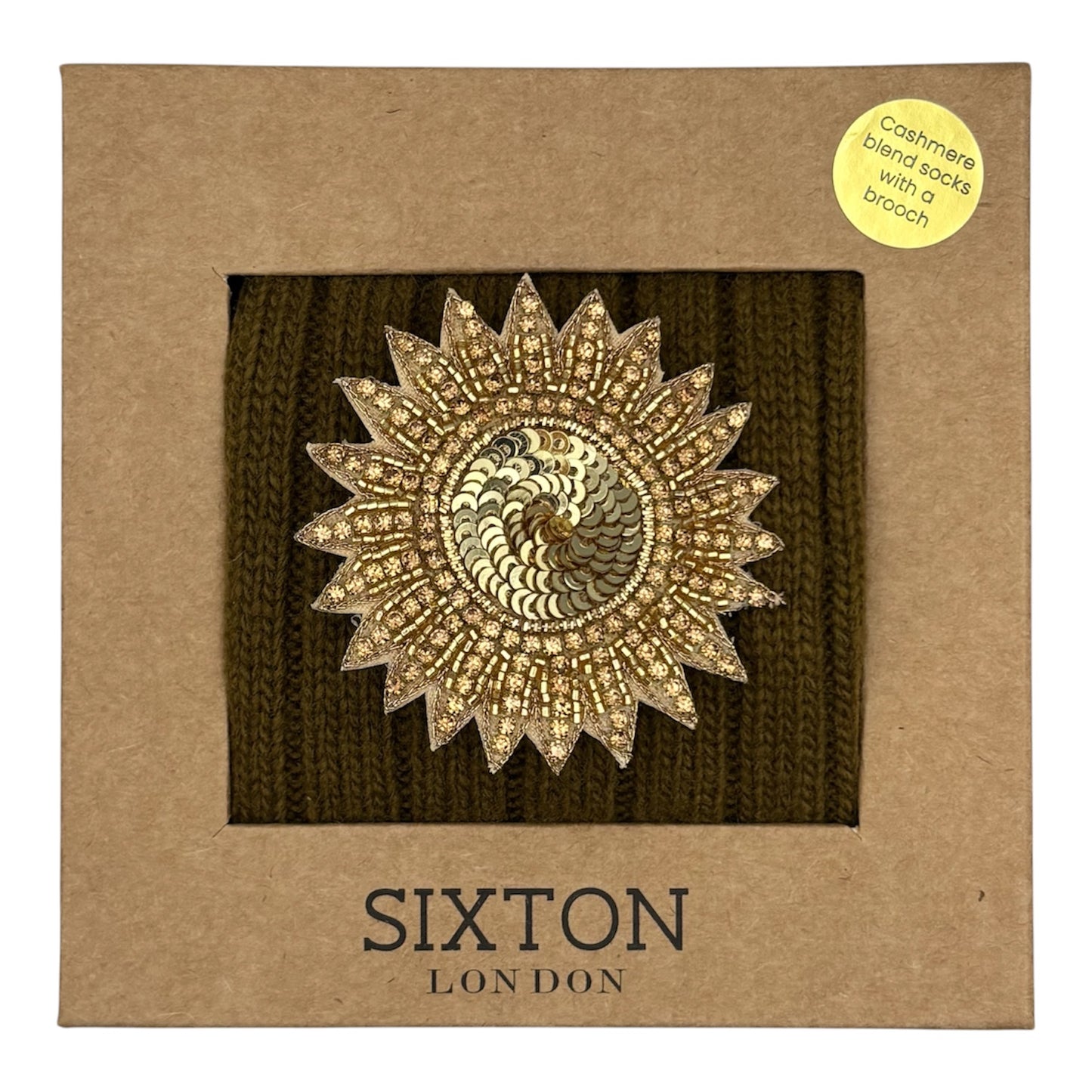 Sofia Khaki Cashmere-Blend Sock Gift Box with Brooch