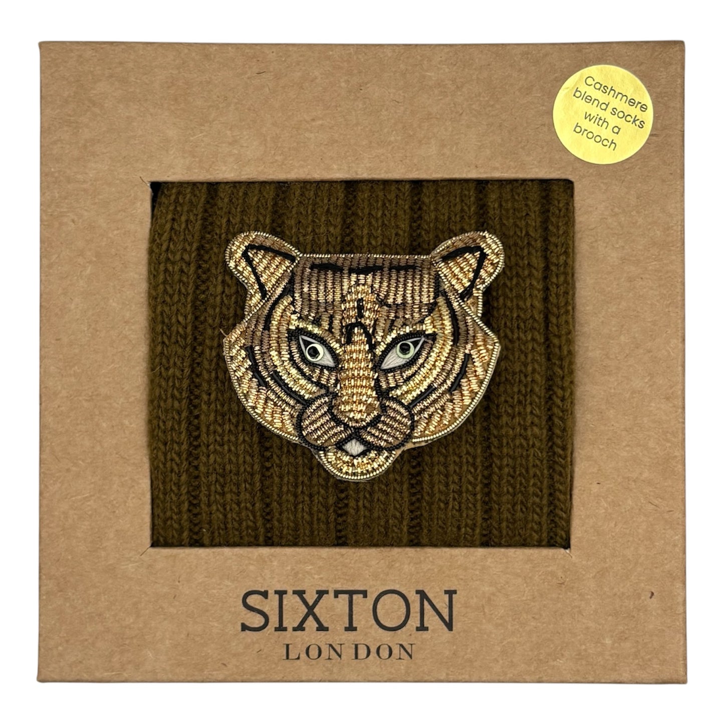 Sofia Khaki Cashmere-Blend Sock Gift Box with Brooch