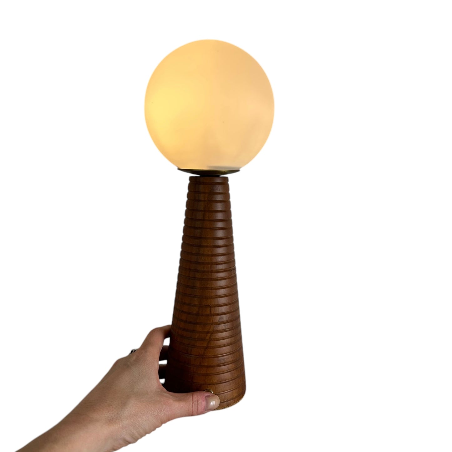 Large Deco Cone Ribbed Teak style rechargeable touch lamp