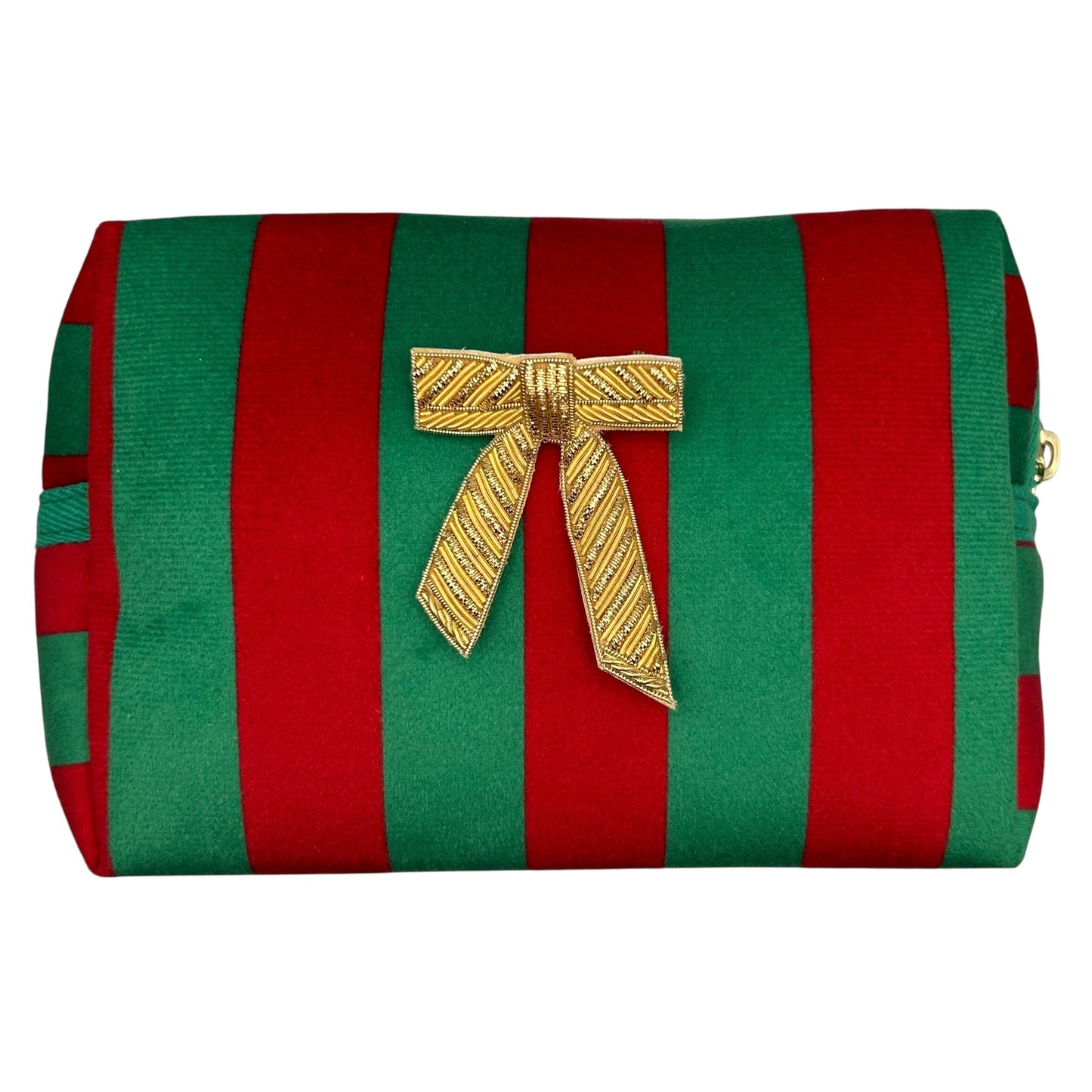Green stripe makeup bag with detachable brooch