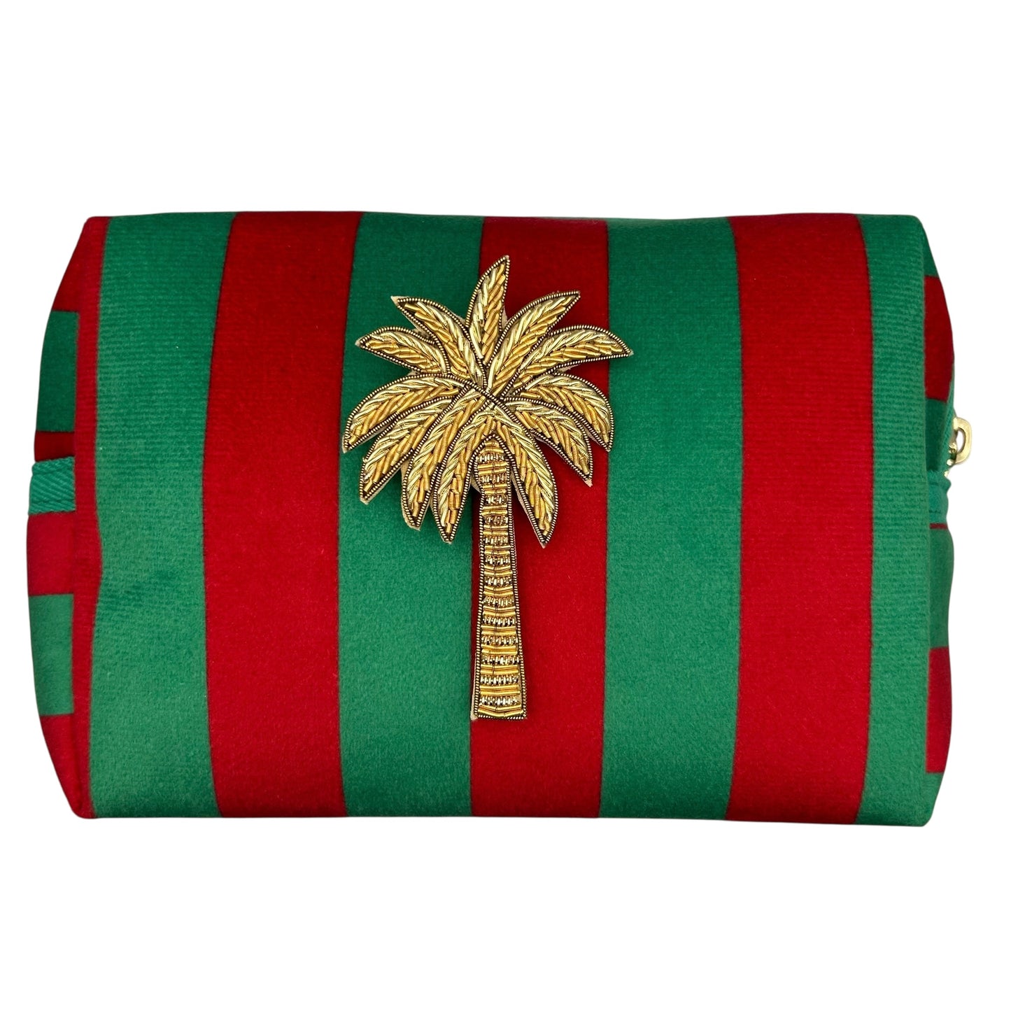 Green stripe makeup bag with detachable brooch