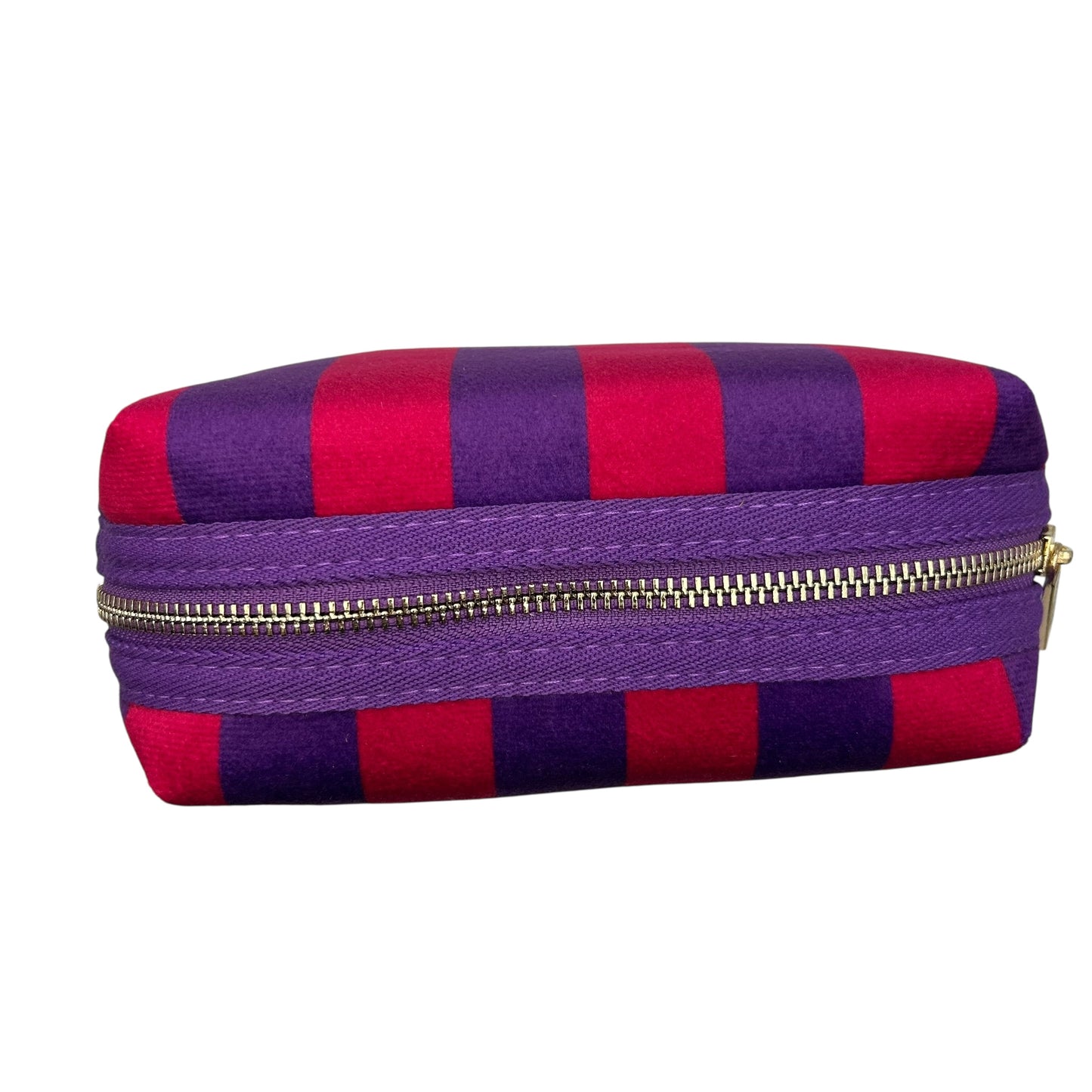 Large purple stripe makeup bag with Pineapple brooch