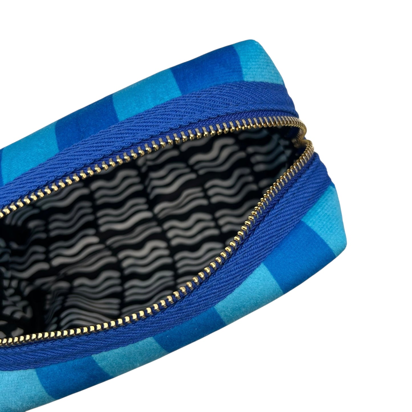 Blue stripe makeup bag with detachable brooch