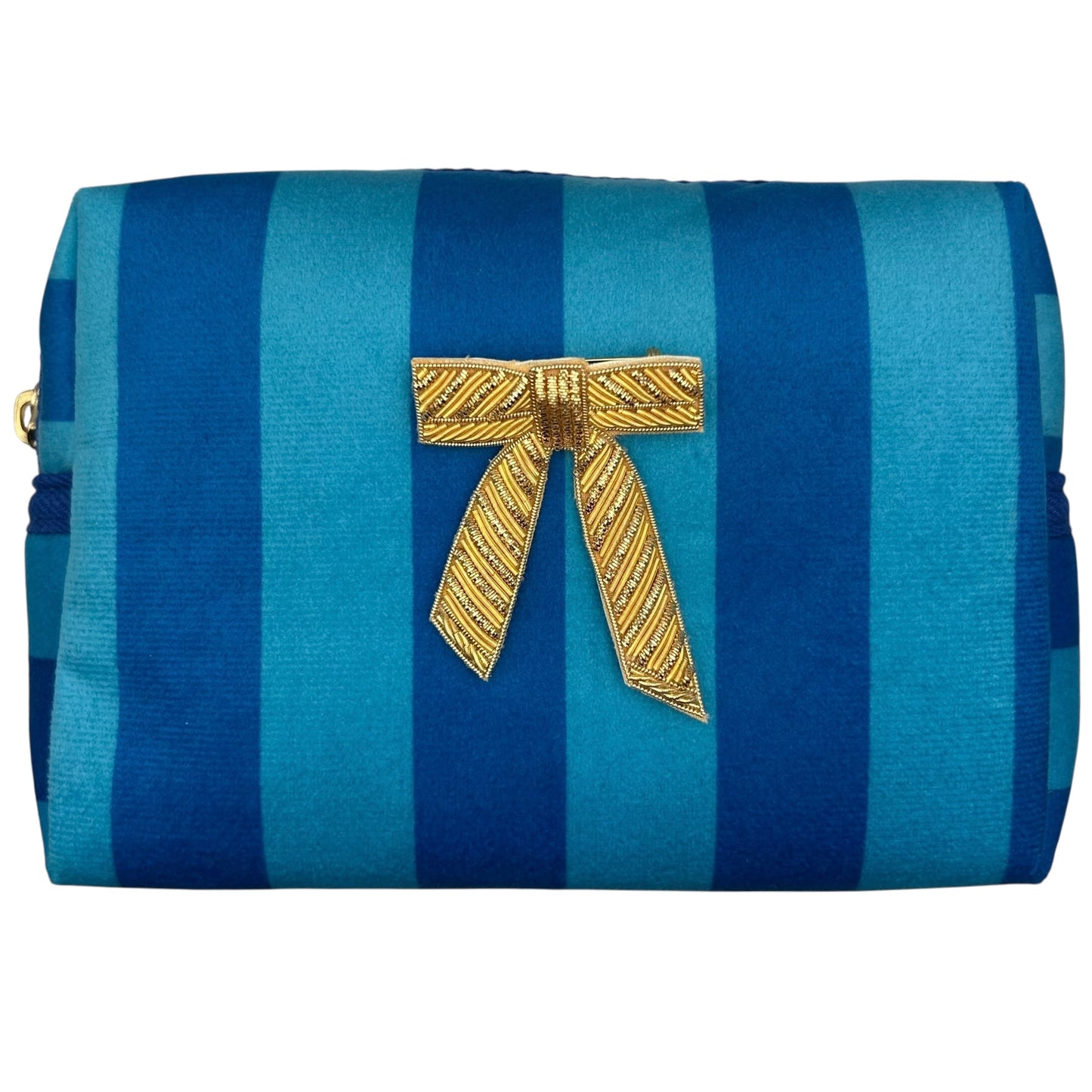 Blue stripe makeup bag with detachable brooch