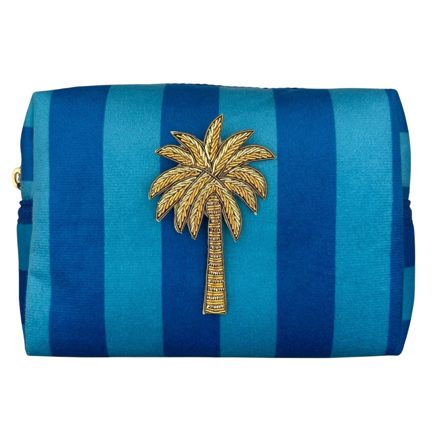 Blue stripe makeup bag with detachable brooch