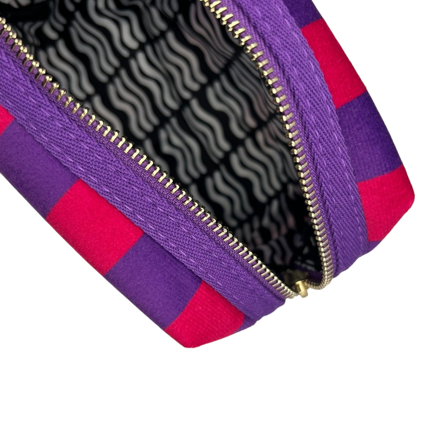 Purple stripe makeup bag with detachable brooch