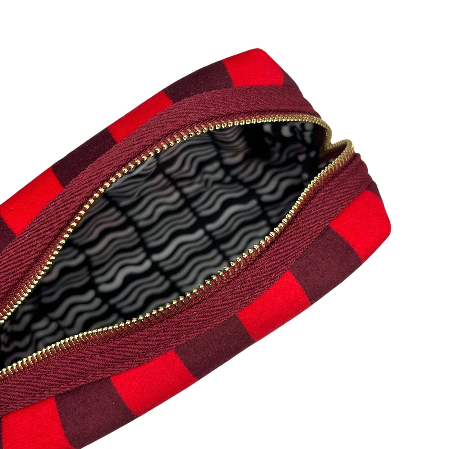 Red stripe makeup bag with detachable brooch