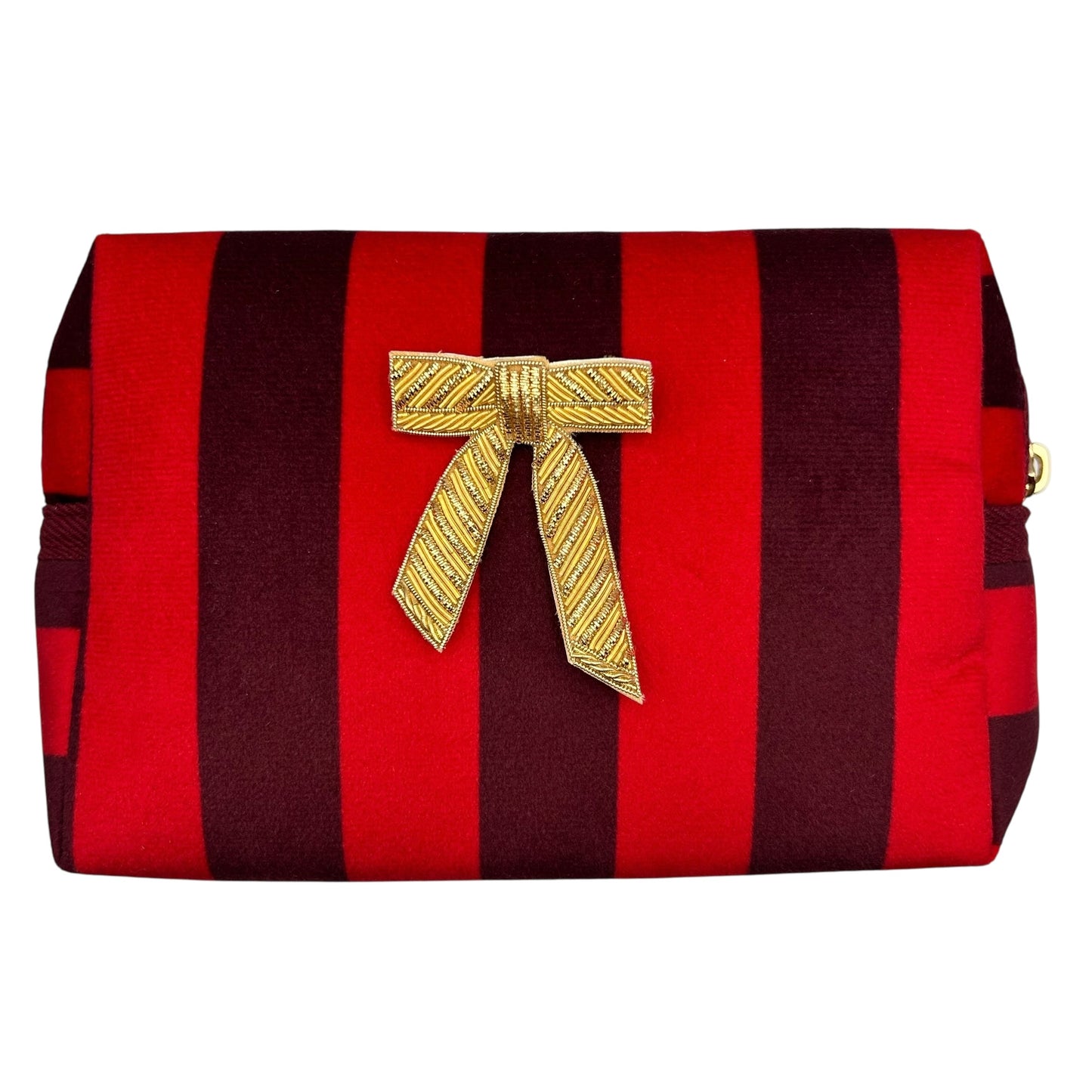 Red stripe makeup bag with detachable brooch