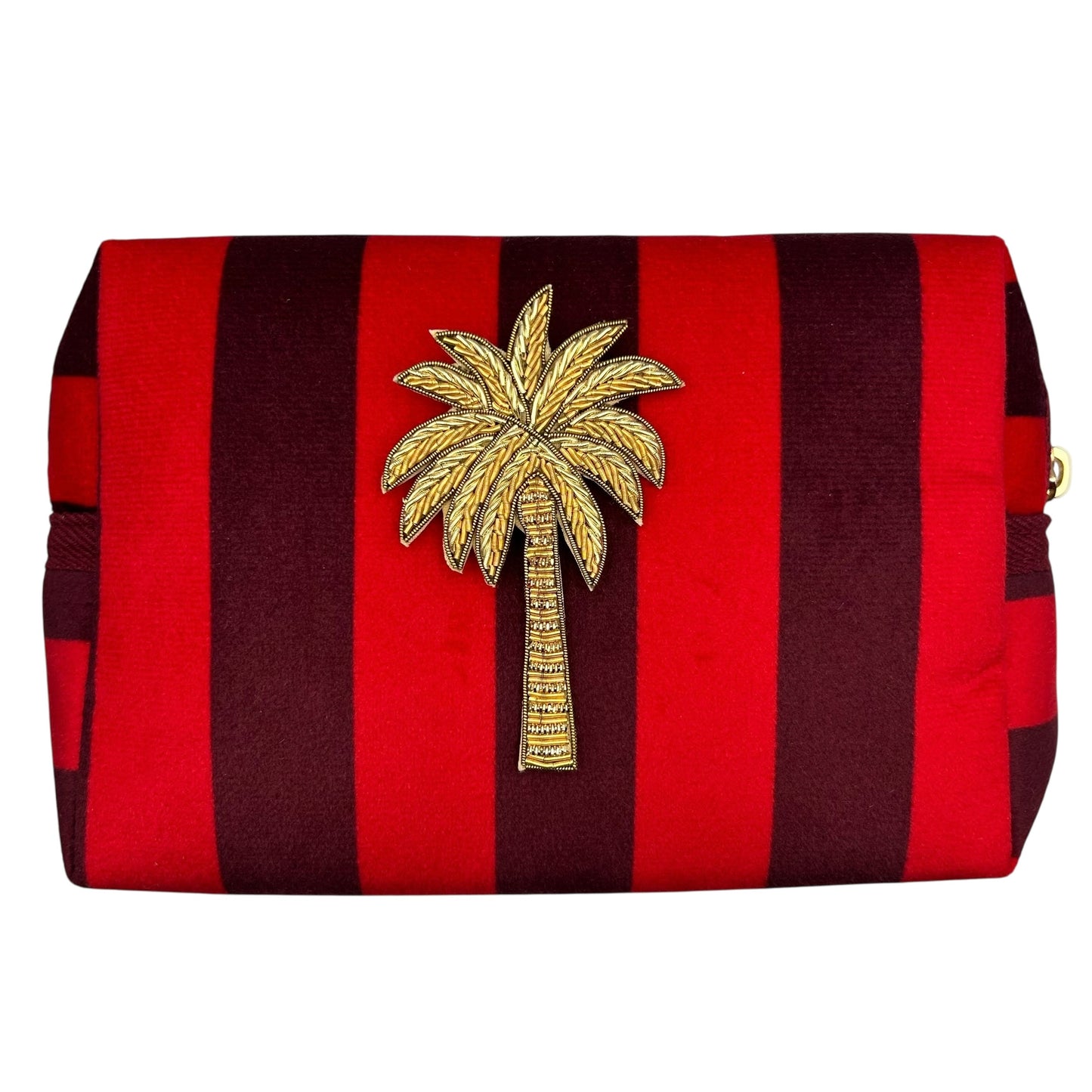 Red stripe makeup bag with detachable brooch