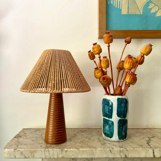 Ribbed Teak style rechargeable touch lamp with rope shade