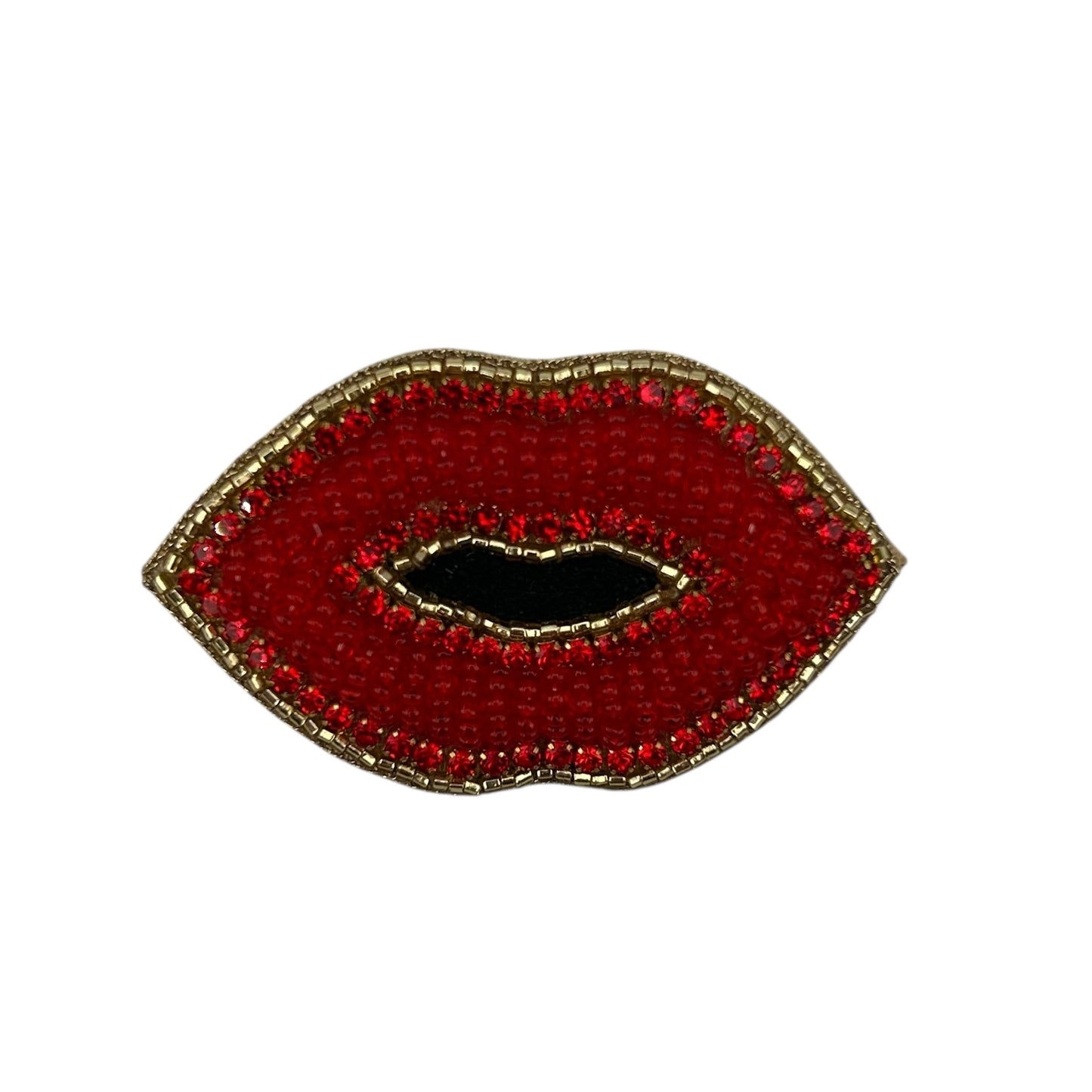 Large purple stripe makeup bag with Red Lips brooch