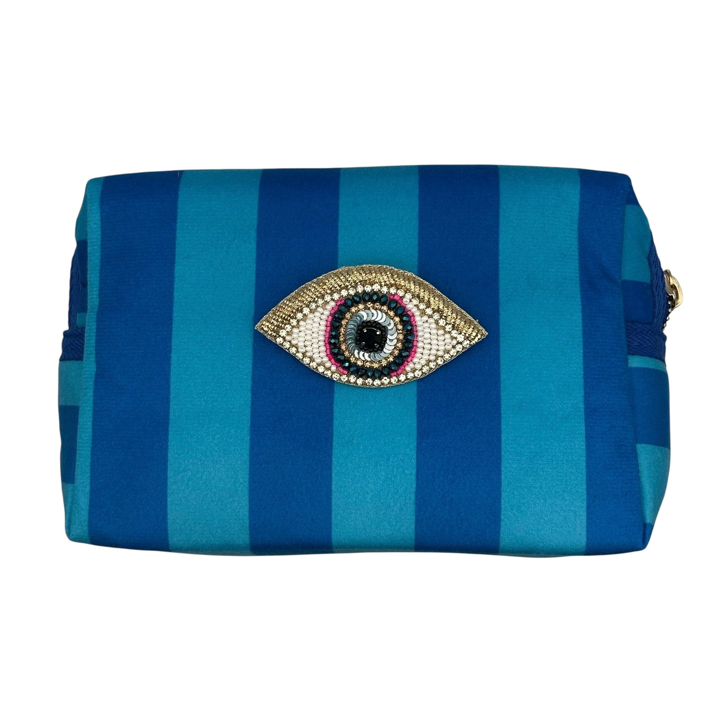 Blue stripe makeup bag with detachable brooch