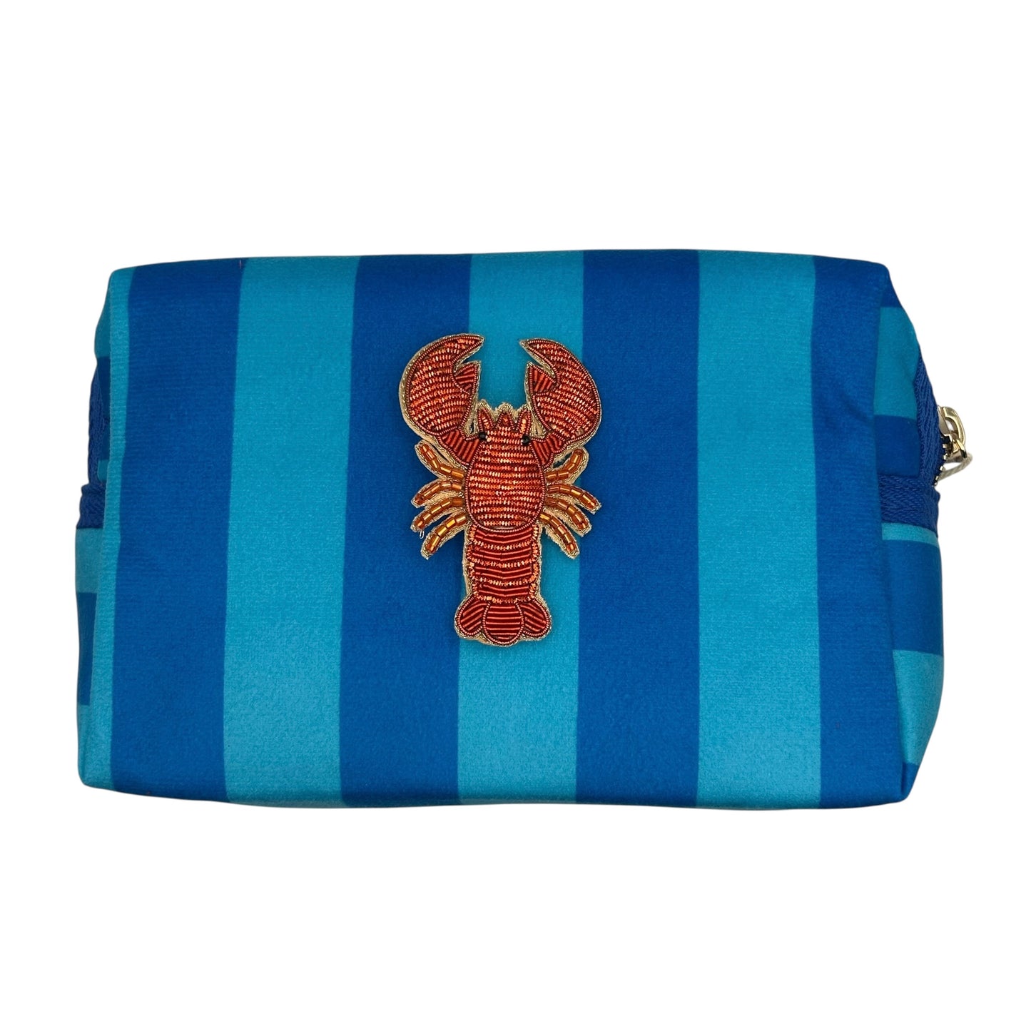 Blue stripe makeup bag with detachable brooch
