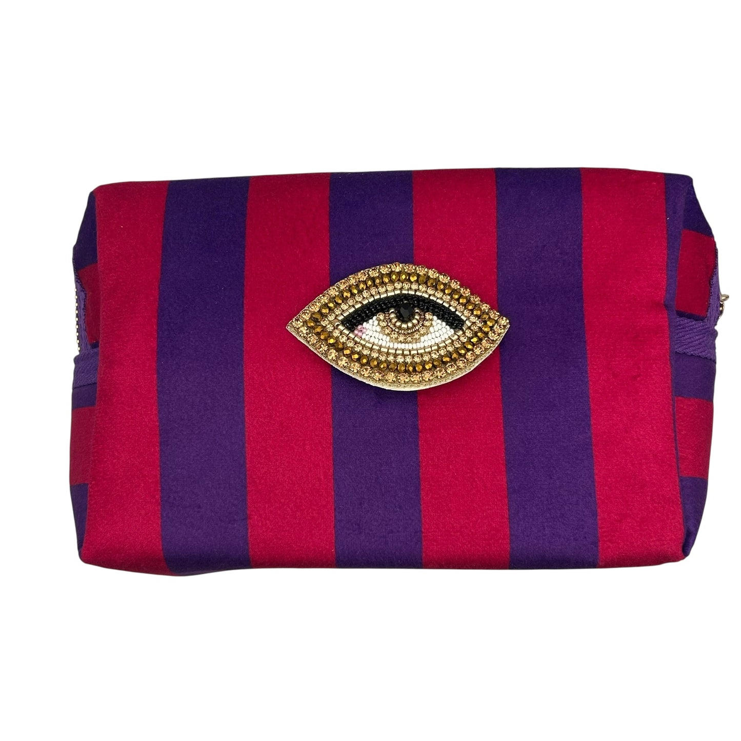 Purple stripe makeup bag with detachable brooch