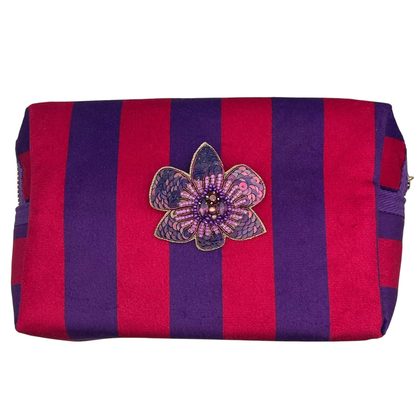 Purple stripe makeup bag with detachable brooch