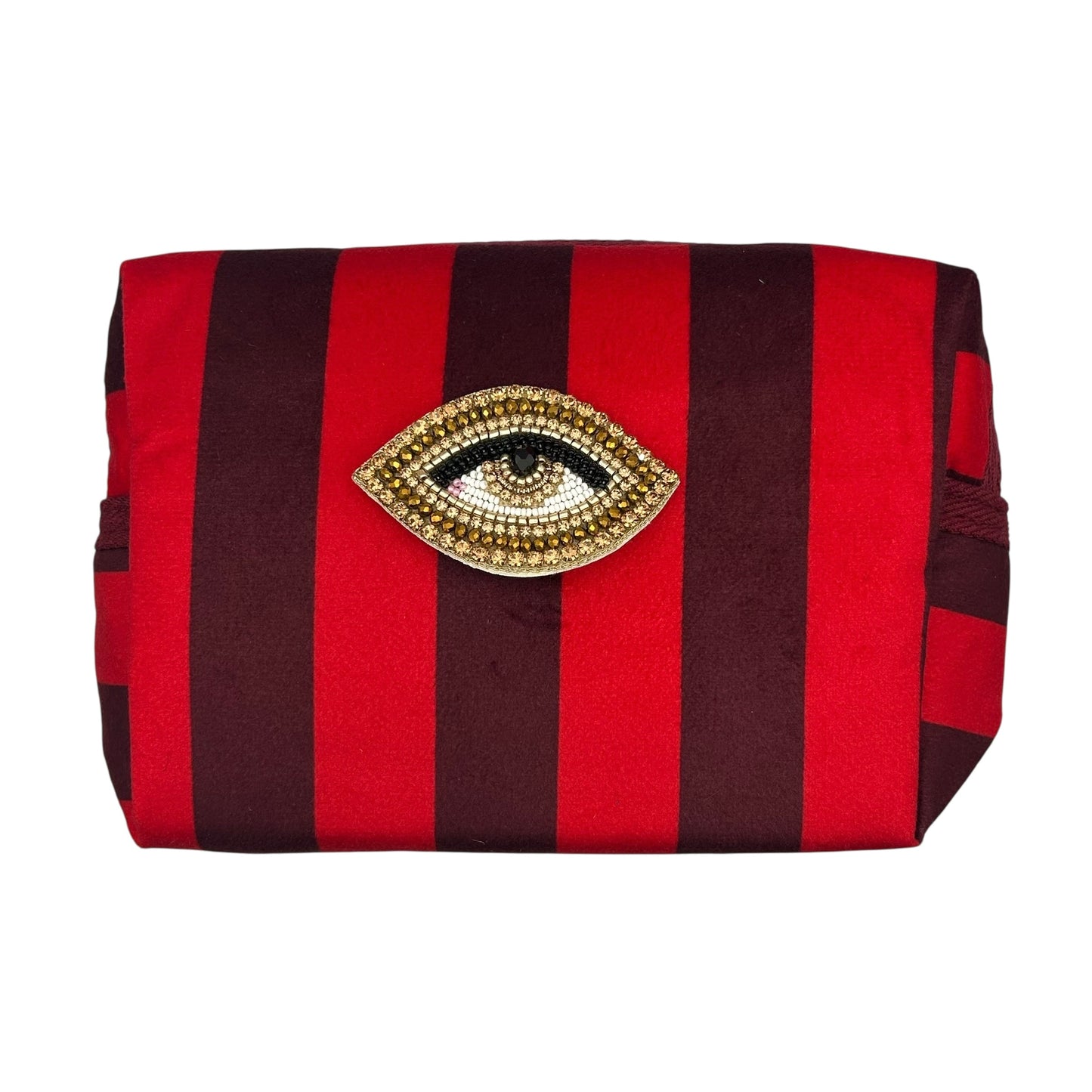Red stripe makeup bag with detachable brooch