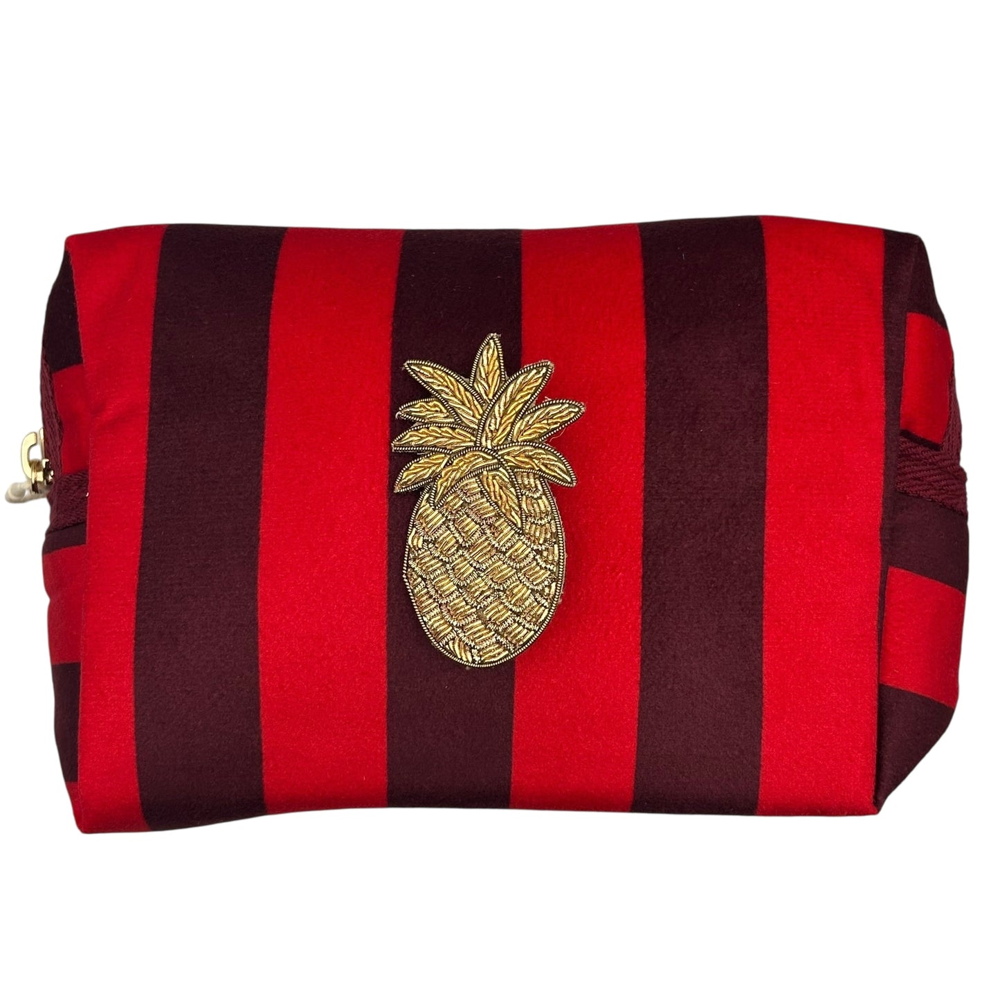 Red stripe makeup bag with detachable brooch