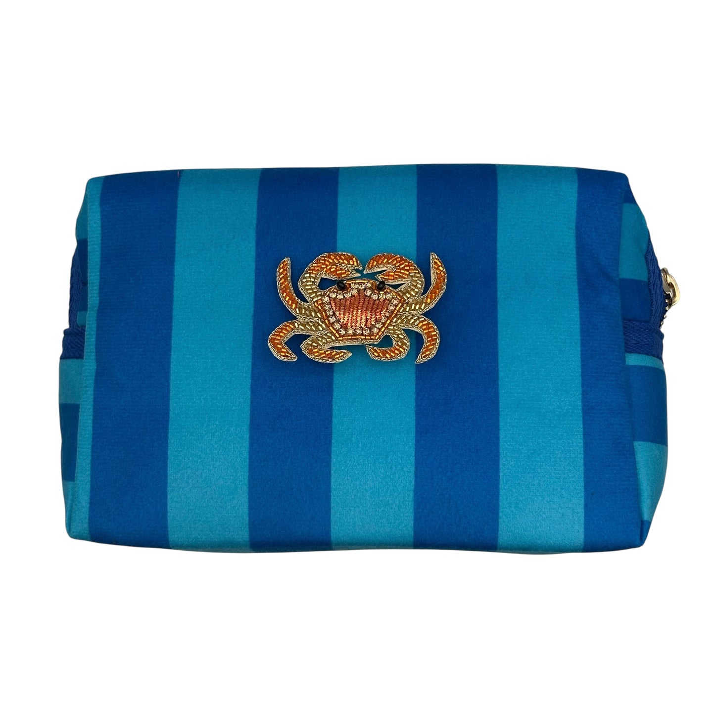 Large blue stripe makeup bag with Crab brooch